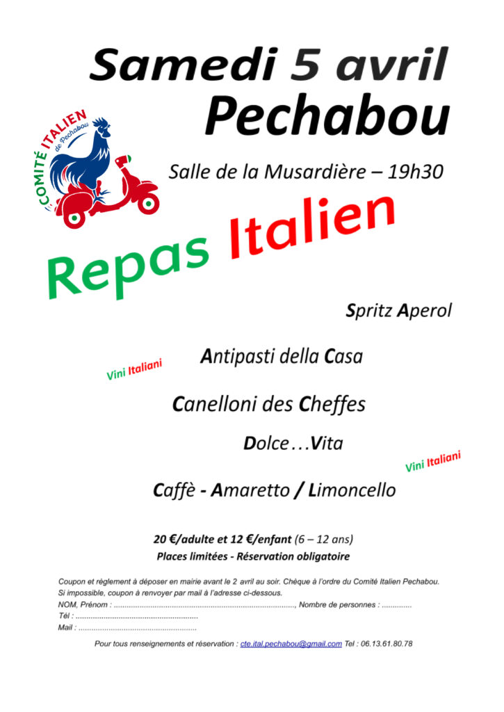 Inscription et programme repas italien du 5 avril 2025