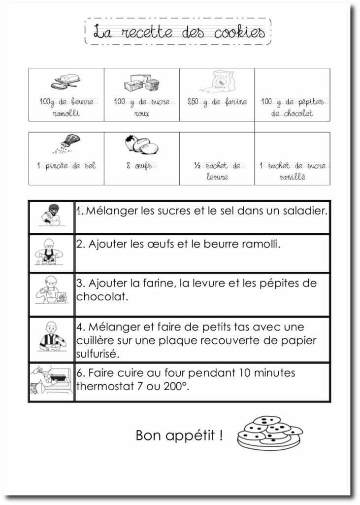 La recette des cookies : 1. Mélanger 100 g de sucre et un sachet de sucre vanillé avec une pincée de sel dans un saladier. 2. Ajouter les deux œufs et les 100 g de beurre ramolli. 3. Ajouter 250 g de farine, ½ sachet de levure et les 100 g de pépites de chocolat. 4. Mélanger et faire de petits tas avec une cuillère sur une plaque recouverte de papier sulfurisé. 6. Faire cuire au four, pendant 10 minutes thermostat 7 ou 200 °C.